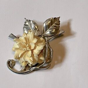 Vintage Mings Honolulu Sterling Silver Carved Ivory Hibiscus Brooch